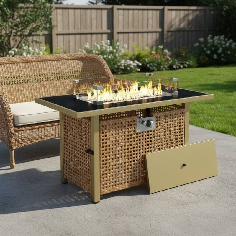 60000 BTU 43" Natural And Black Steel And Wicker Propane Fire Pit Table With Cover - Gold/Black/Natural - Propane