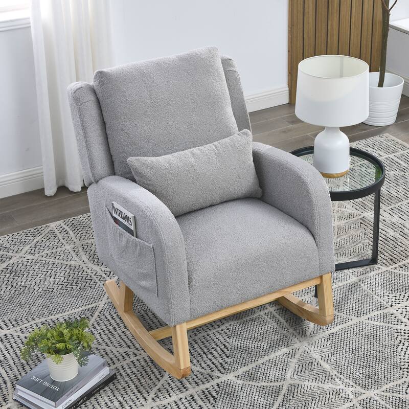 High Back Rocker Accent Chair with Wood Base, One Lumbar Pillow and Two Side Pockets