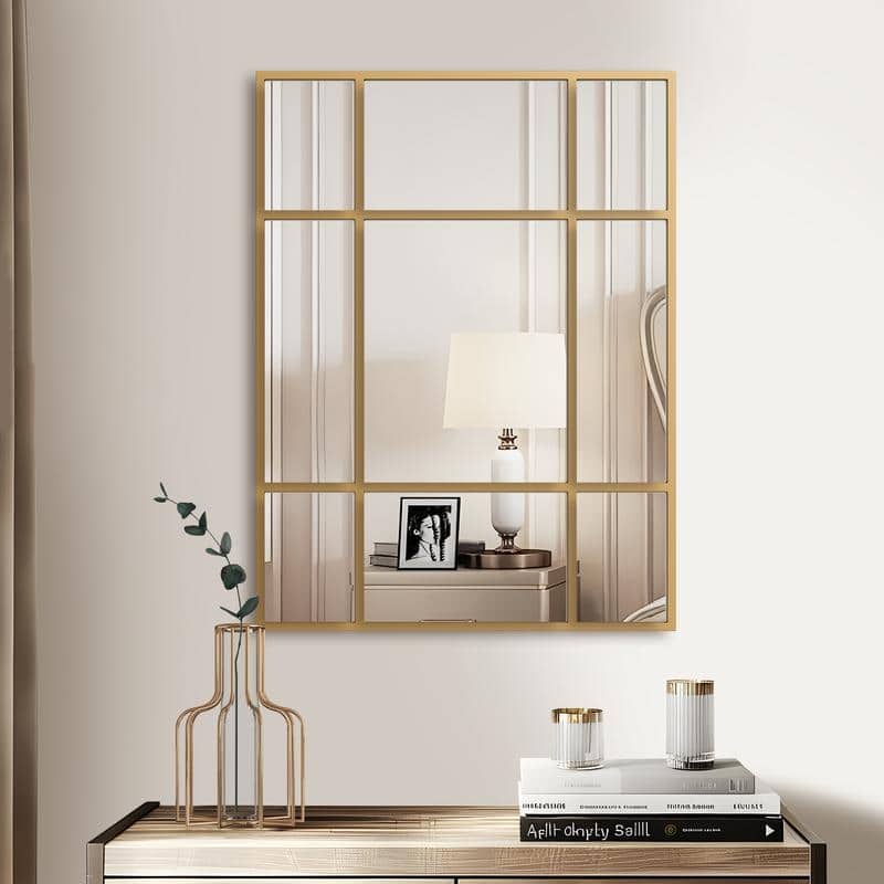 Iron Metal Frame Rectangular Windowpane Wall Mirror Farmhouse Rustic Elegant Decor for Living Room Bedroom Bathroom Entryway - 39" x 30" - Gold Rectangular