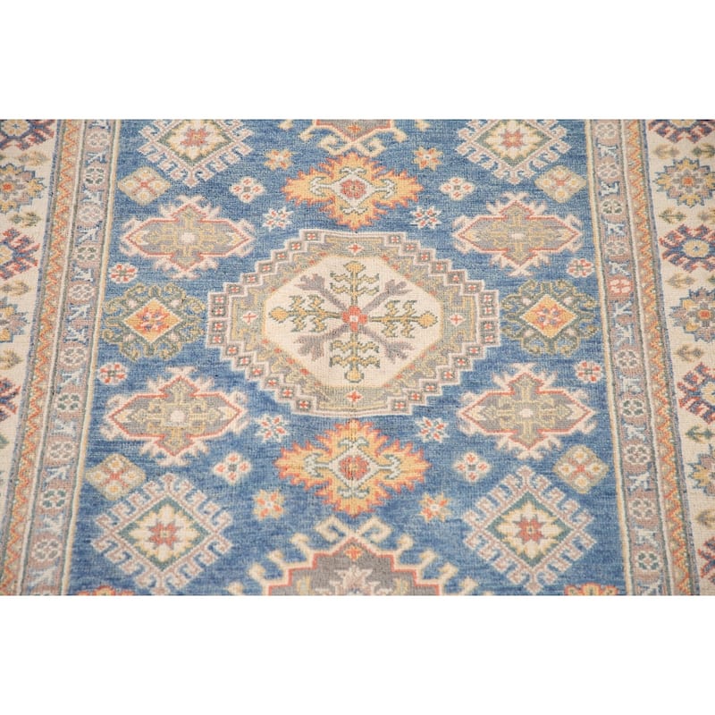 Blue Geometric Kazak Oriental Area Rug Hand-Knotted Wool Carpet - 4'0"x 5'9"