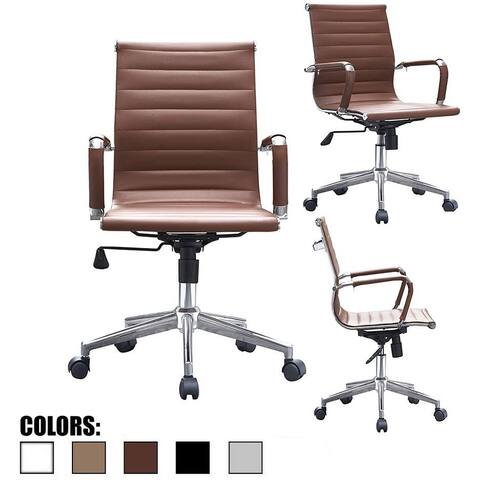 Mid Back PU Leather Executive Office Chair Ribbed Tilt Conference Room Boss Home Work Desk Task Guest With Arms