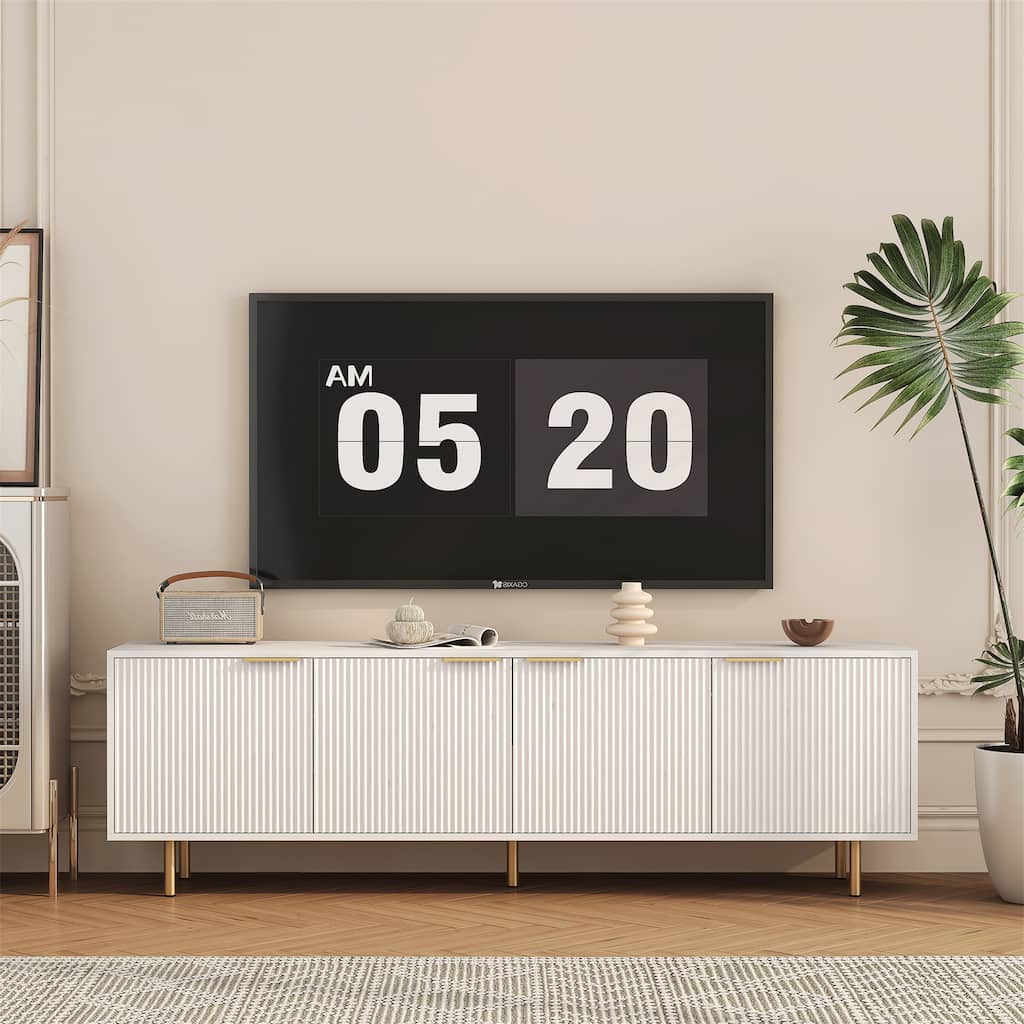 White Modern TV Stand Fluted 68" with Power Outlet