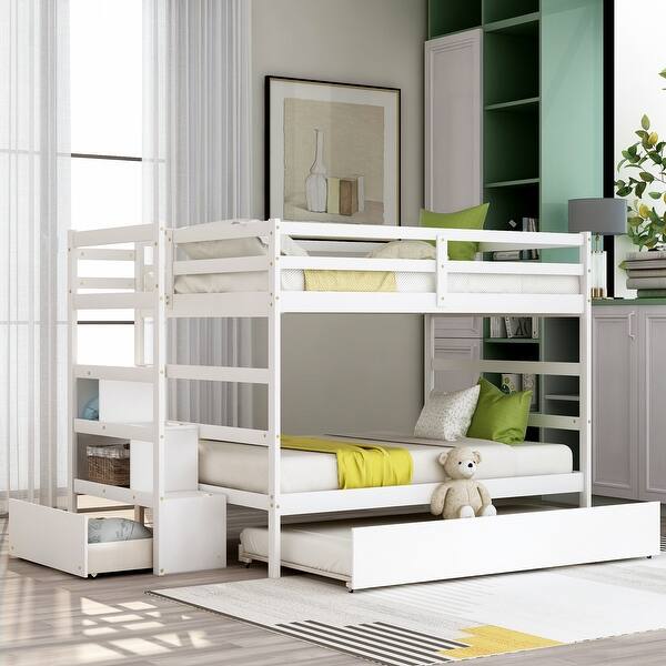 slide 2 of 18, Full over Full Bunk Bed with Twin Trundle, Drawer, Stairs with Storage, and Safety Measures White