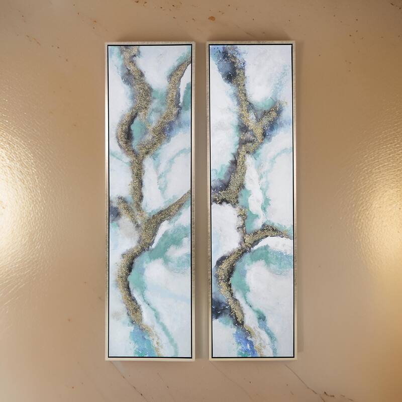 20 x 71 Tall Framed Wall Art Oil Painting Set of 2, Blue and Gold Canvas