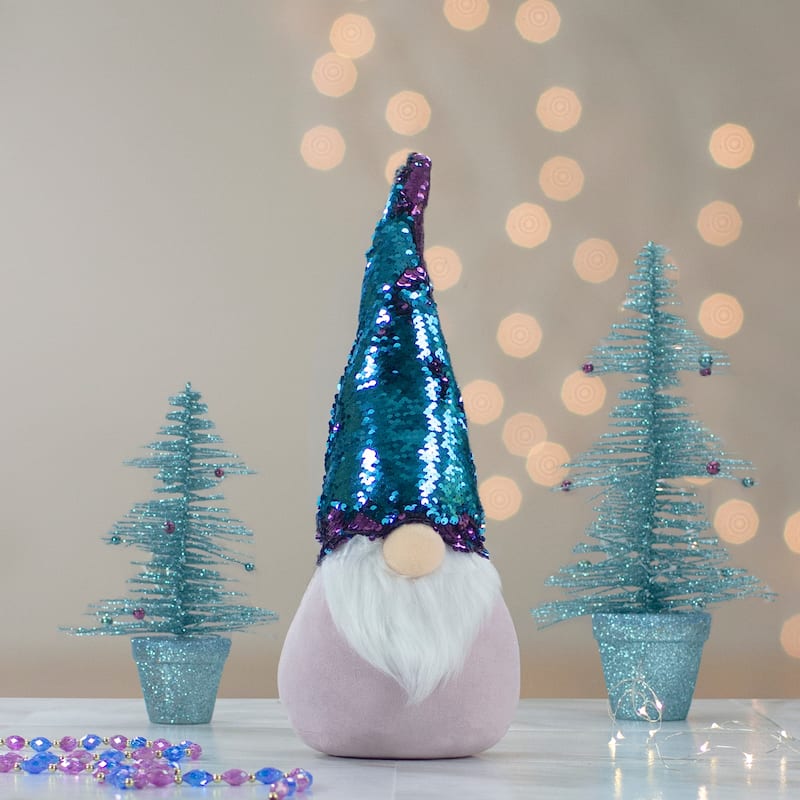 Gnome with Flip Sequin Hat Christmas Decoration - 17.5" - Purple and Blue