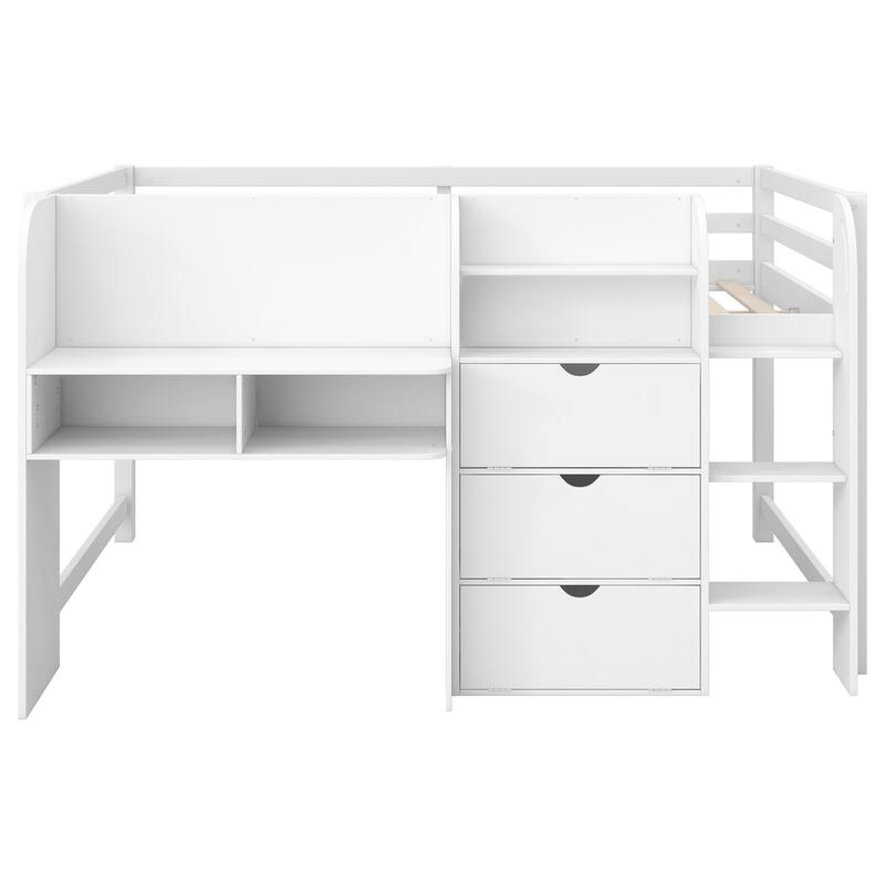 Full Size Pinewood Low Loft Bed with Built-in Desk, Storage Cabinets, Bookcase and Whiteboard