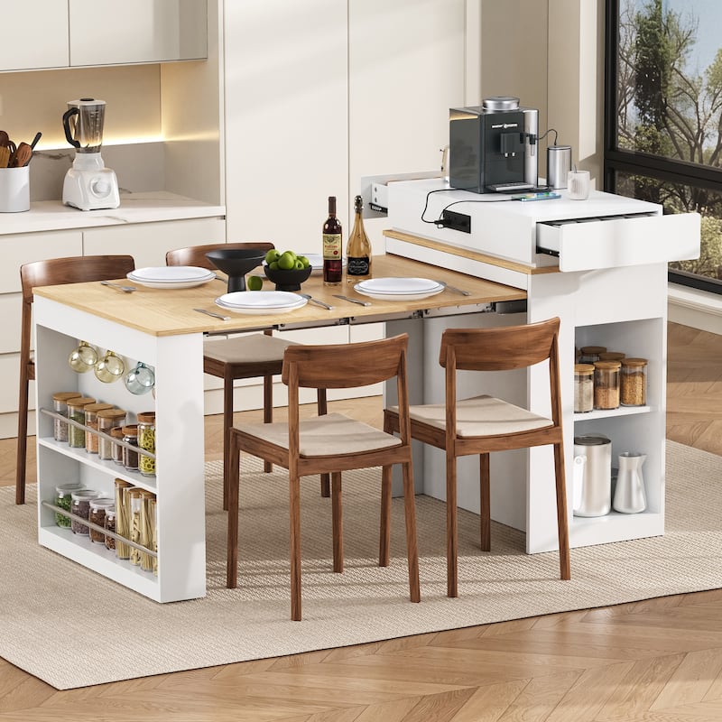 Extendable Dining Table with Folding Tabletop, Bar Table with Drawers and Power Outlet, Kitchen Island with Wheels and Hooks