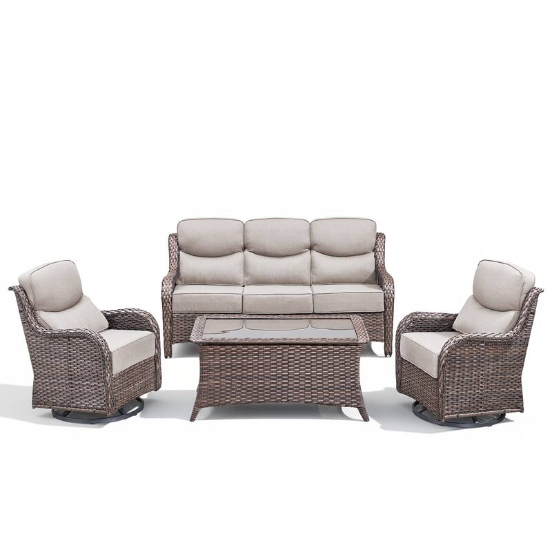 Arcadia 4-Piece Wicker Outdoor Patio Conversation Set with Swivel Gliders and 6-Inch Thick Olefin Cushions
