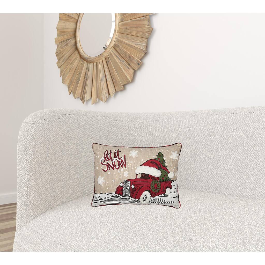 HomeRoots 13"x18" Beige and Red Christmas Let It Snow Polyester Zippered Pillow With Applique