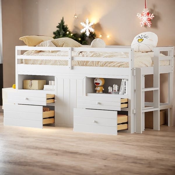 slide 2 of 15, Twin Size Loft Bed with 4 Drawers and Underneath Cabinet, White White