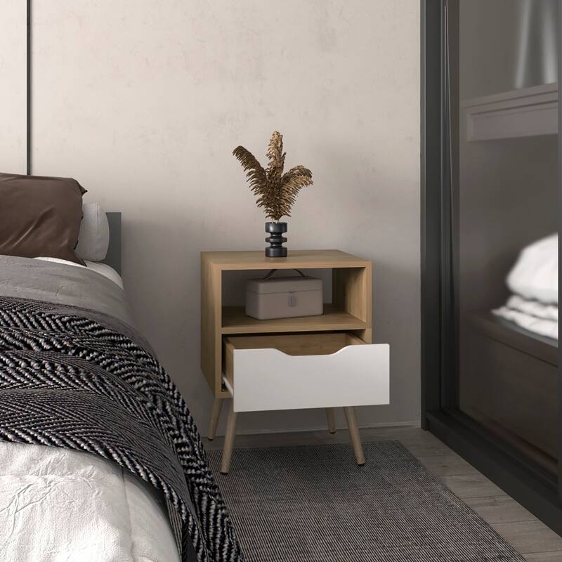 21" High Nightstand, One Drawer, One Open Shelf, Natural Oak, White
