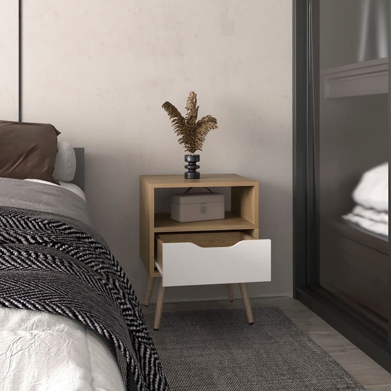 Wenden 21" High Nightstand, One Drawer, One Open Shelf, Natural Oak, White - Multicolor