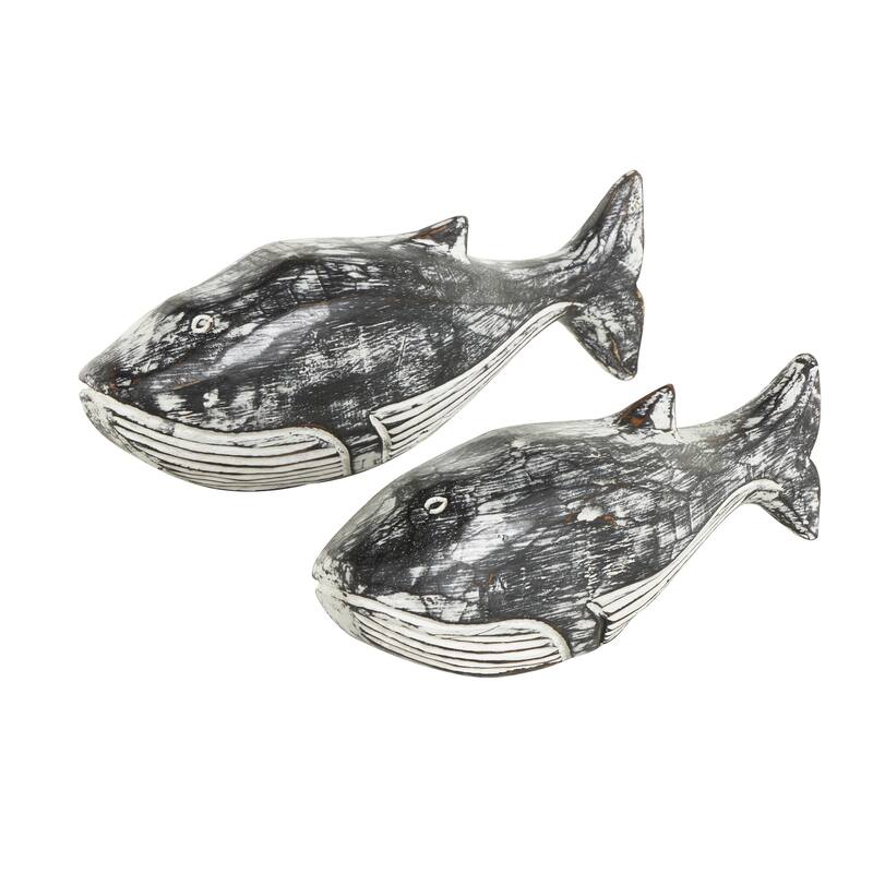 Cream Wood Distressed Whale Decorative Sculpture (Set of 2)