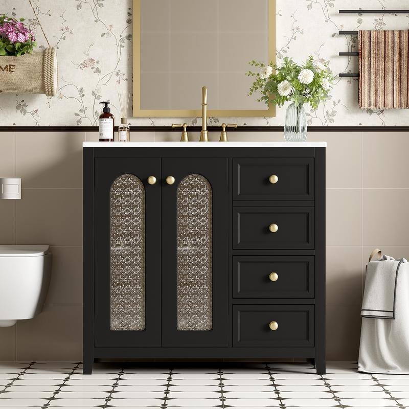 30''/36'' Bathroom Vanity with Sink, 3 Drawers Bathroom Storage Cabinet with Soft-Close Glass Door and Adjustable Shelf