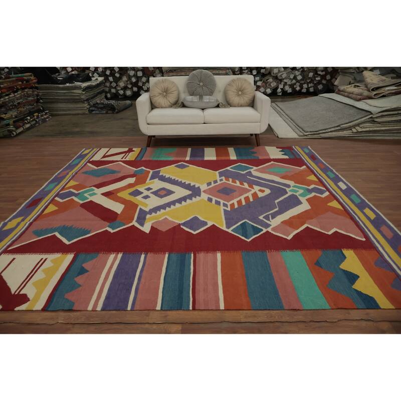 Hand Woven Oriental 100% Wool Carpet Southwestern Modern Multi-Colored Kilim Area Rug - 9' 8'' X 9' 7''