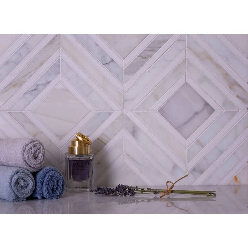 Serena 9x11 White Gray Calacatta Gold, Thassos Mosaic Framed Diamond Wall and Floor Tile (3.53 sq ft/case) - 5 Pack