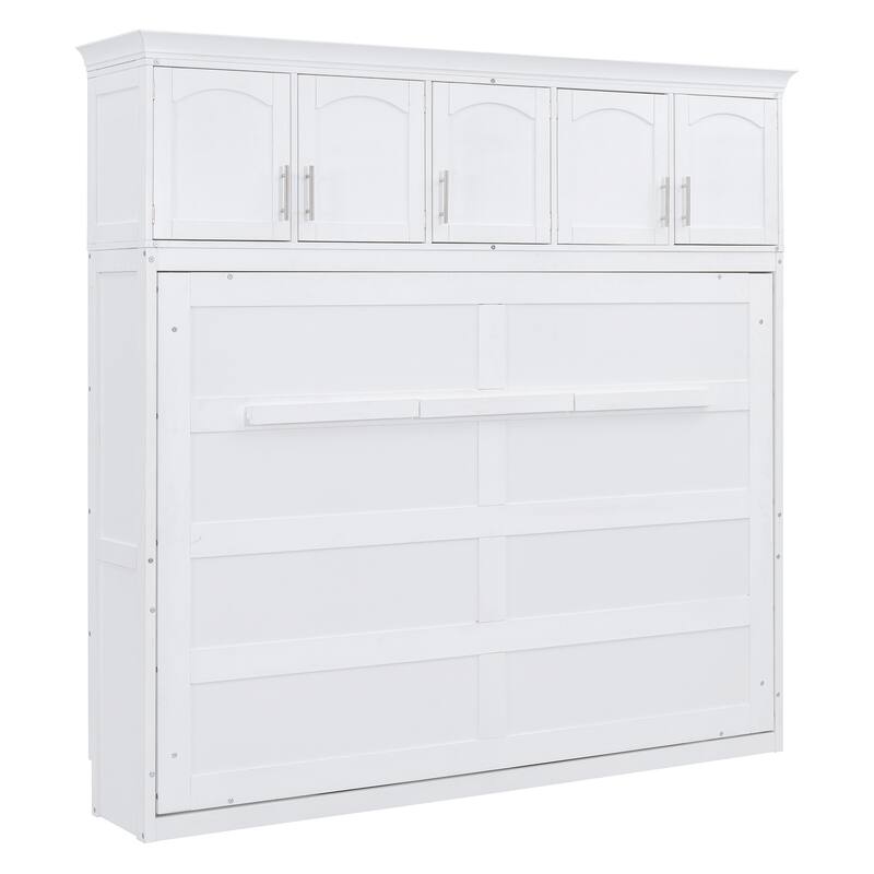 Queen Size Foldable Wall Bed with Top Cabinets, Space-Saving Design, White