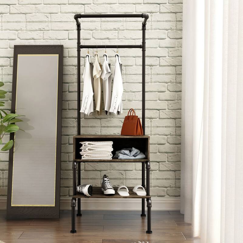 Cassia Industrial Oak Metal 3-Open Shelf Clothes Garment Rack by Furniture of America