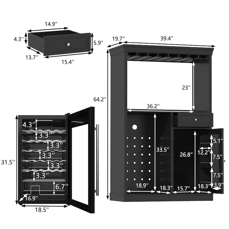 Wine Bar Cabinet with Mini Fridge Space & 34 Bottle Wine Cooler, 39" Coffee Bar Cabinet Freestanding Buffet Sideboard