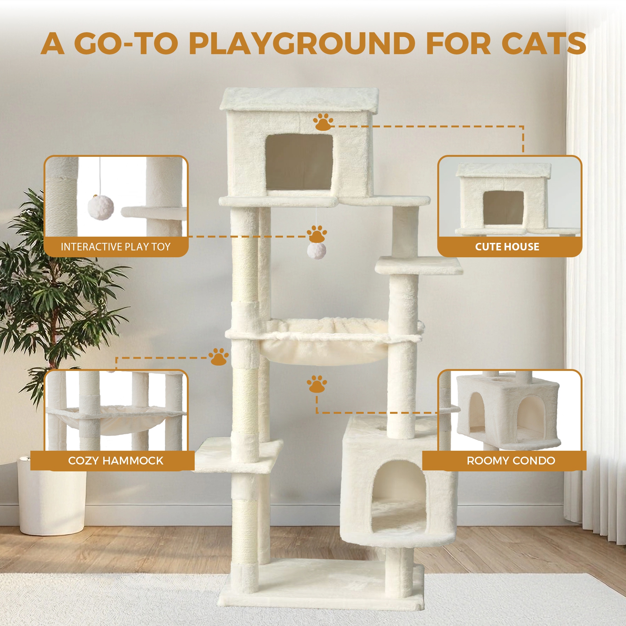 64 in Cat Tree with Unique Cat House, Hammock, Scratching Posts, Plush Cat Tower for Indoor Cats for Multiple Cats