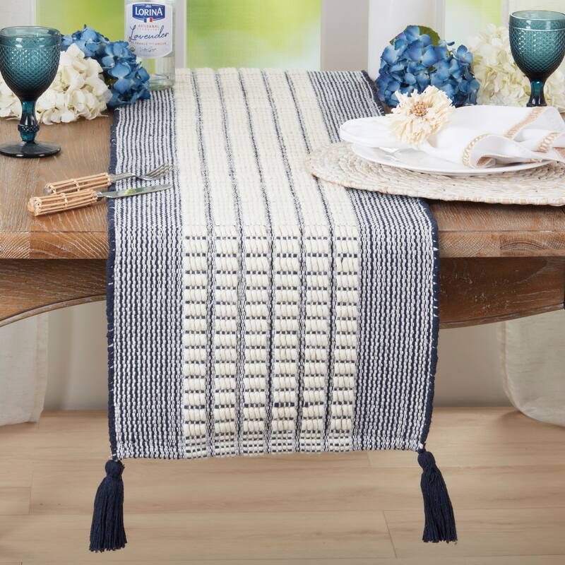 Woven Cotton & Wool Table Runner with Tassels - Textured Non-Reversible Decorative Table Runner for Dining Table, 16"x72"
