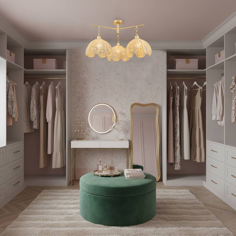 Cali 3-Light Rattan Floral Semi Flush Mount, Coastal Boho - Handwoven - 20 in. Wide