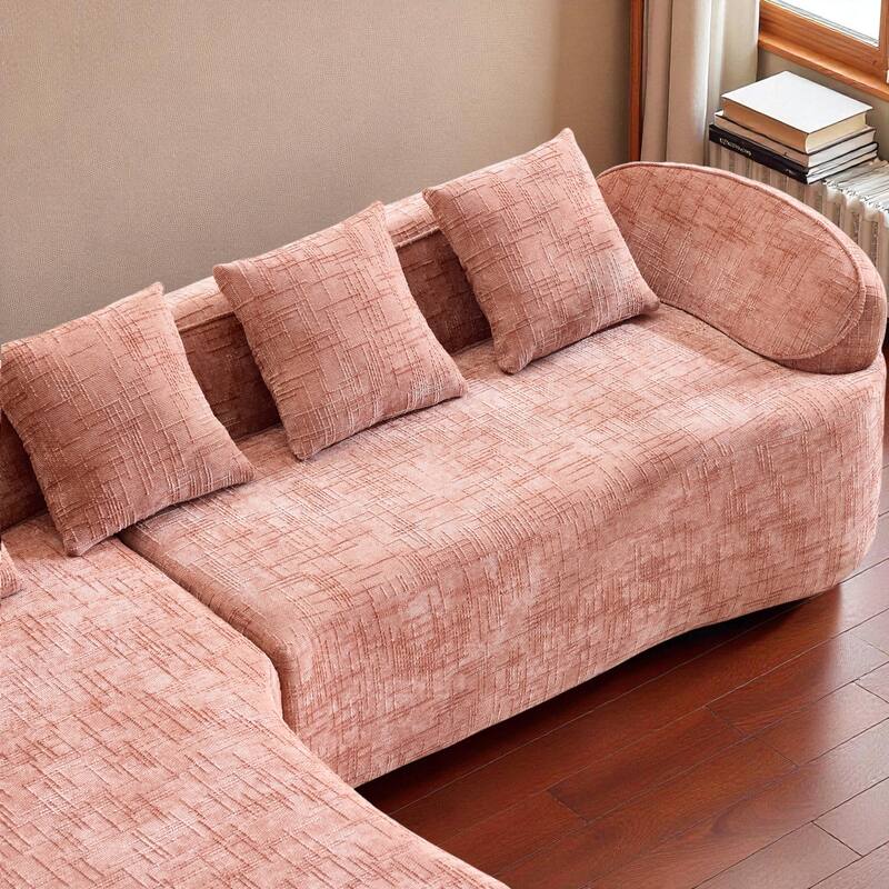 Chenille L-Shaped Compressed Sofa, 4-Seat Sectional Couch with Curved Armrests, High-Elastic Sponge & 4 Throw Pillows