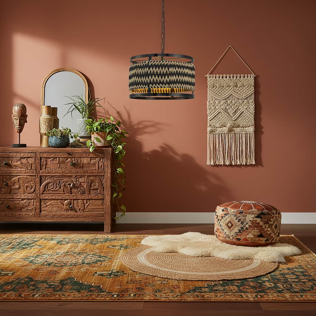 Inca 3-Light Rattan Hemp Drum Pendant, Scandi Coastal Boho - Handwoven - 18" Wide