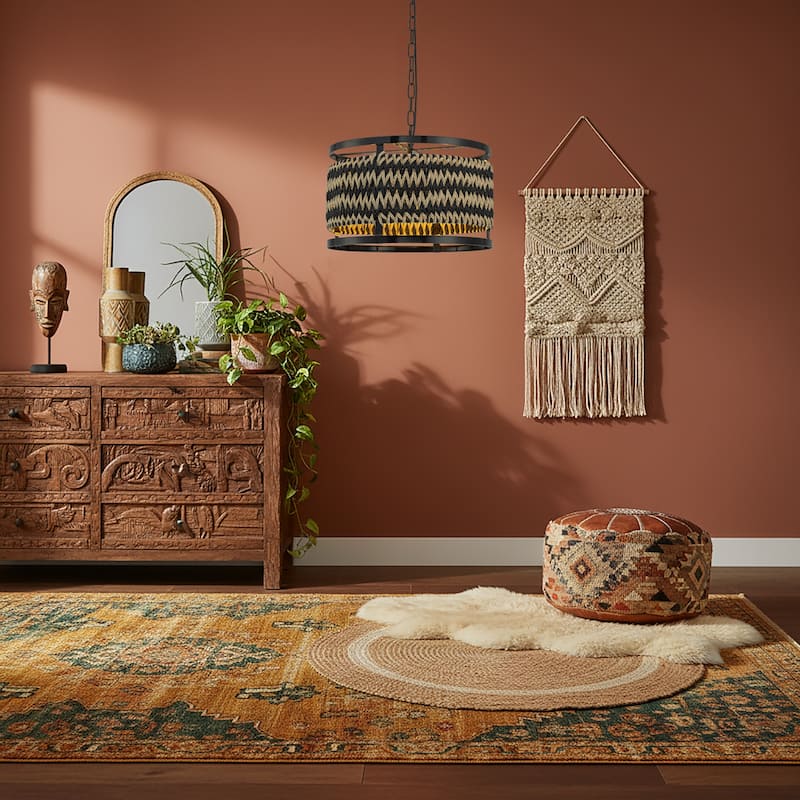 Inca 3-Light Rattan Hemp Drum Pendant, Scandi Coastal Boho - Handwoven - 18" Wide