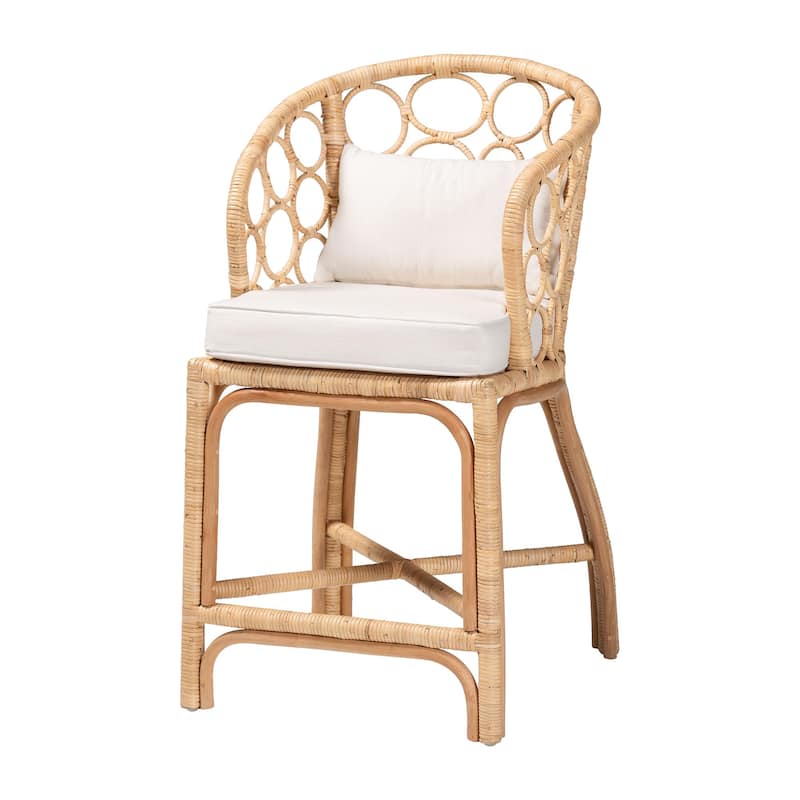 Prisca Natural Rattan Counter Stool with Bubble Frame - Handwoven Wicker Accent Stool with Round Back and Removable Cushions - Light Honey