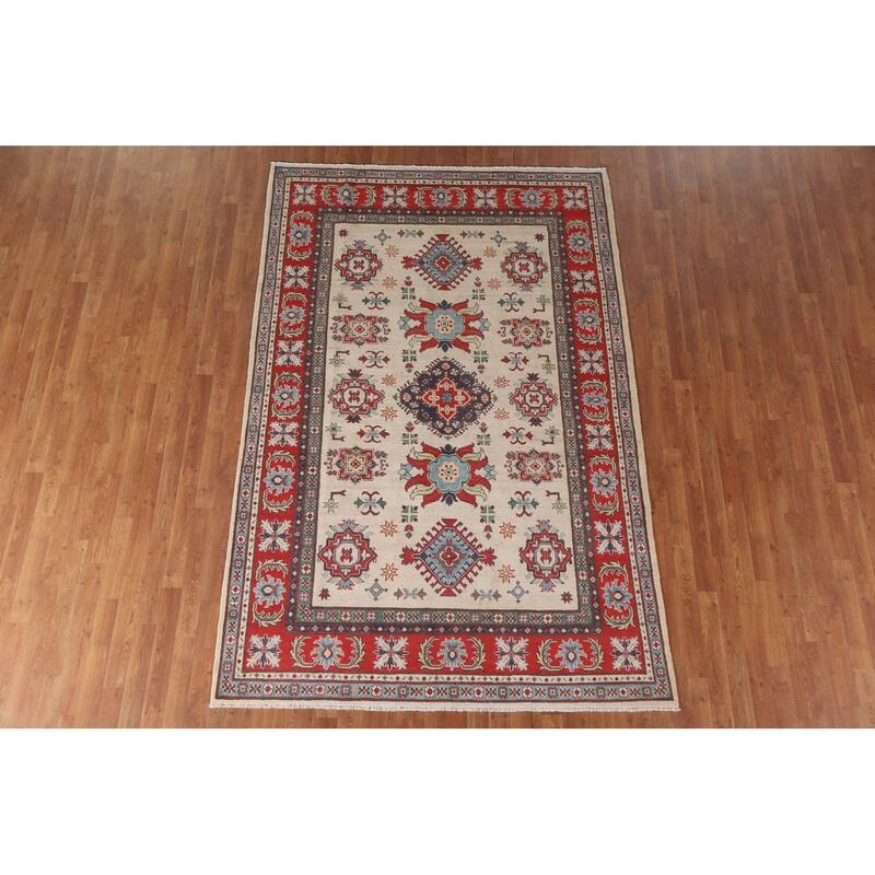 Hand Knotted Oriental 100% Wool Carpet Traditional Geometric Beige & Ivories Kazak Area Rug - 8' 11'' X 5' 11''