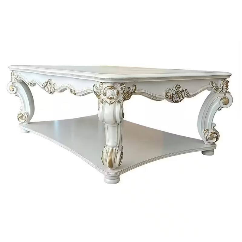 Jess 58 Inch Coffee Table, Square, Traditional Scrolled Legs, Brushed Gold - White, Gold - Wood