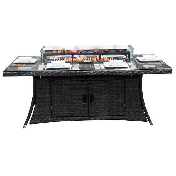 slide 14 of 18, Direct Wicker Ellington Rectangle Gas Firepit Rattan Dining Table Brown