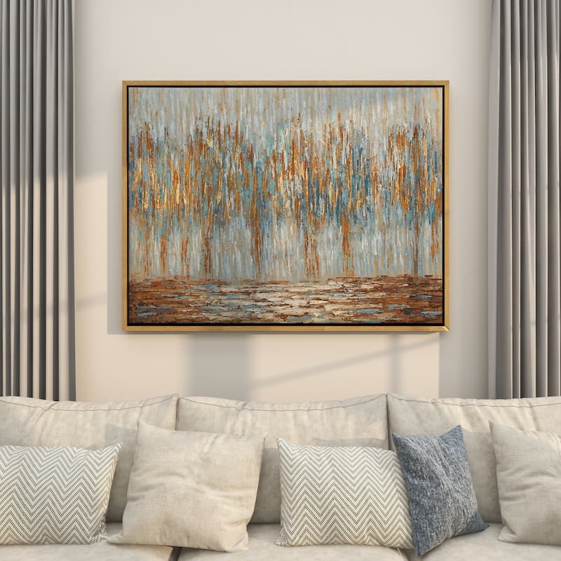 Canvas Tree Abstract Framed Wall Art with Gold and Copper Accents - Blue - Roche River Decor