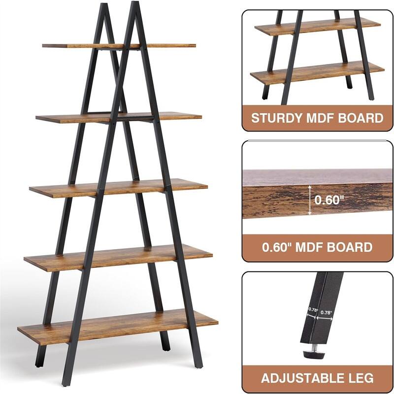 5-Tier Ladder Bookshelf - 13.8"D x 35.8"W x 65"H