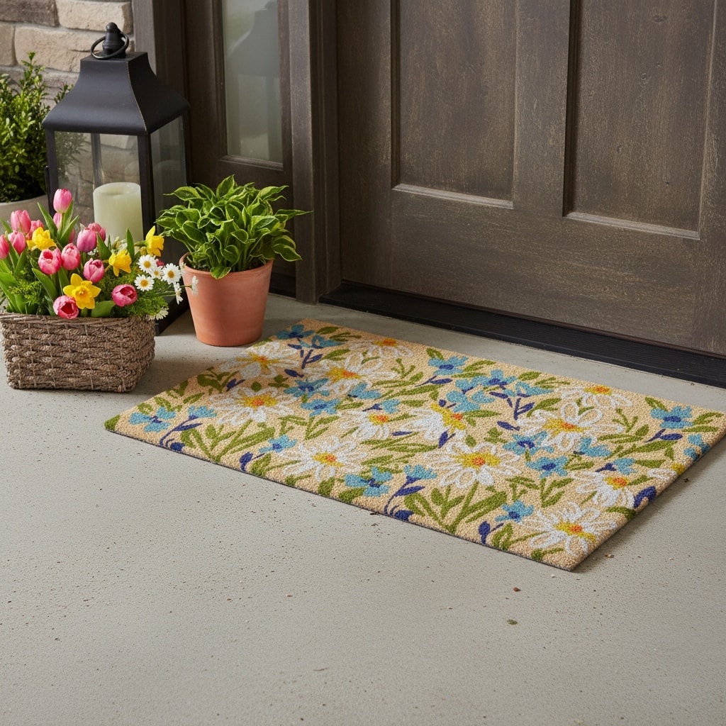 HomeRoots 24" X 36" Brown Light Blue And Green Floral Outdoor Coir Door Mat - 24.00' X '36.00