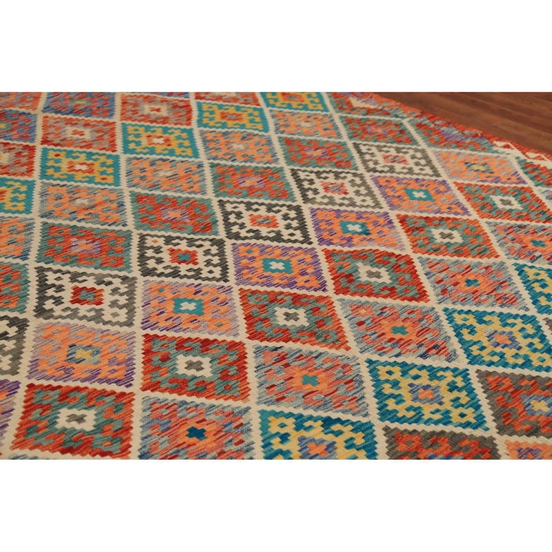 All-Over Trellis Kilim Oriental Area Rug Flatweave Wool Carpet - 8'11" x 9'11"