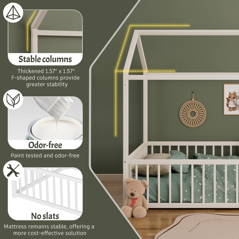 Montessori Metal House Bed with Low Entry & 3-Side Fence by Harper&Bright Designs