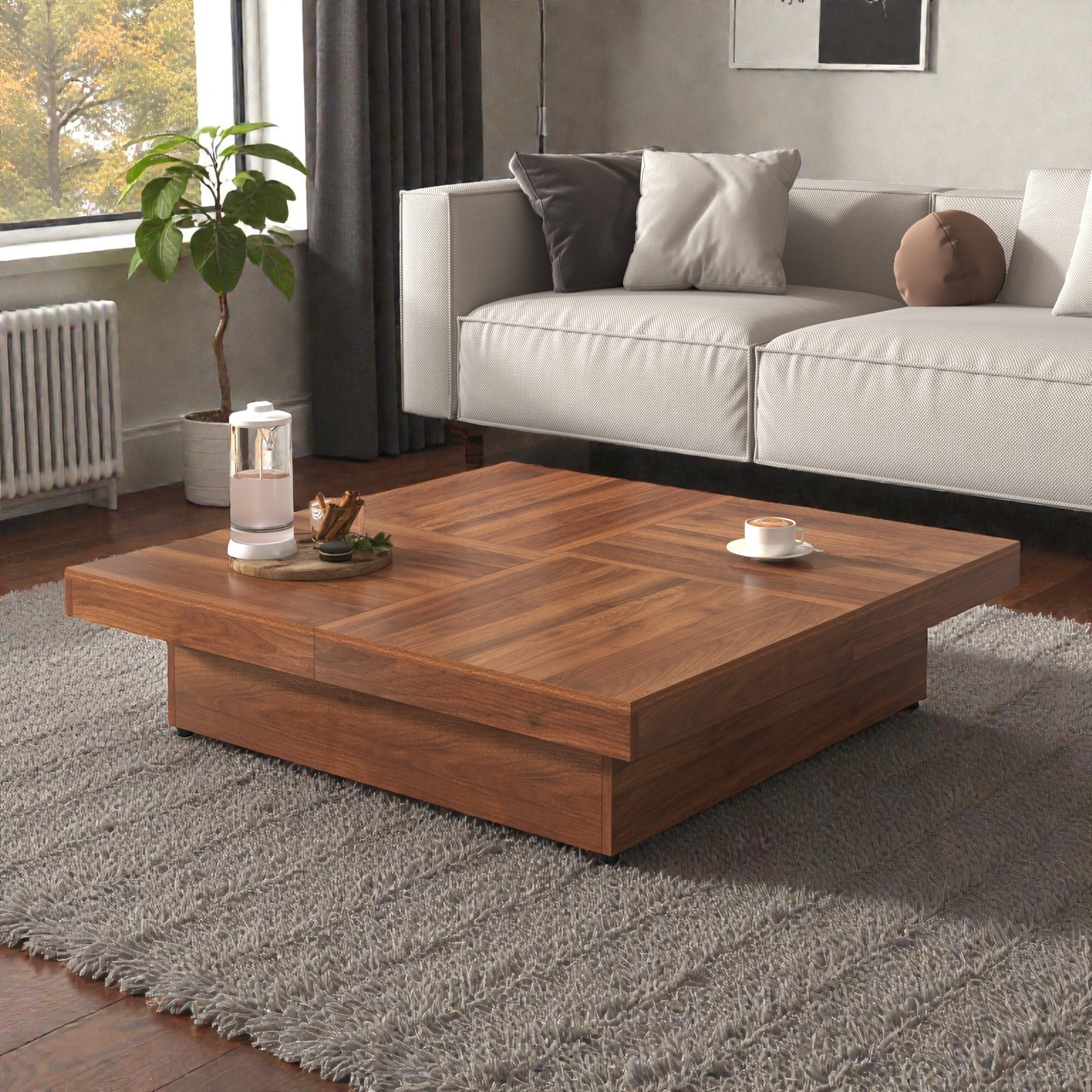 Square Sliding Top Coffee Table with Storage, Modern Veneer Wood Coffee Table, Hidden Storage Center Table