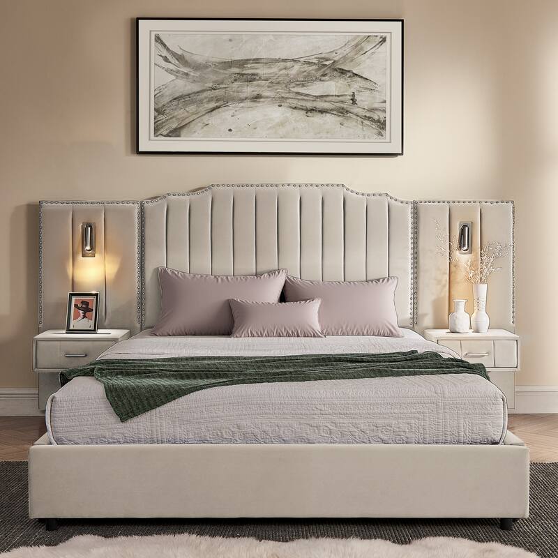 King/Queen Velvet Bed Frame with Vertical Stitch Headboard & Side Table