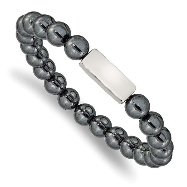 Chisel Stainless Steel Polished ID Plate Hematite Bead Stretch Bracelet. Opens flyout.