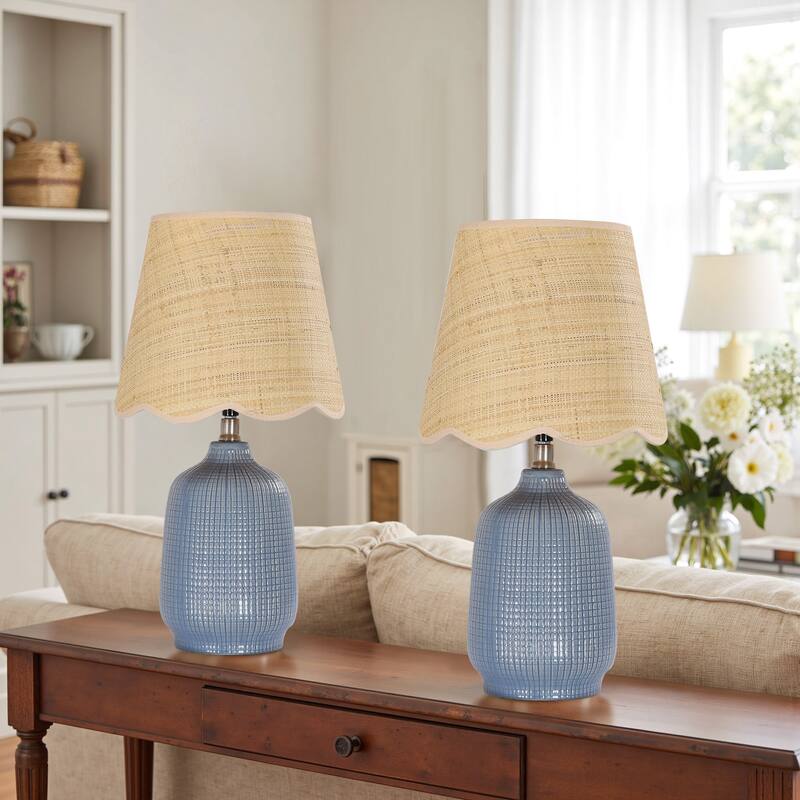 2 Pack Rustic Ceramic Accent Table Lamp with Raffia Shade - 18.9"H x 10.24"W x 10.24"D - Navy Blue