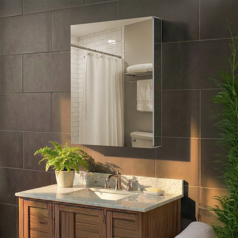 Bathroom Medicine Cabinet, Aluminum, Recessed/Surface Mount, Right/Left Hinged, Mirrored Interior - 20 X 24