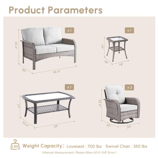 dimension image slide 1 of 4, HOOOWOOO 5-piece Grey Wicker Chat Set Patio Conversation Set with Swivel Chairs