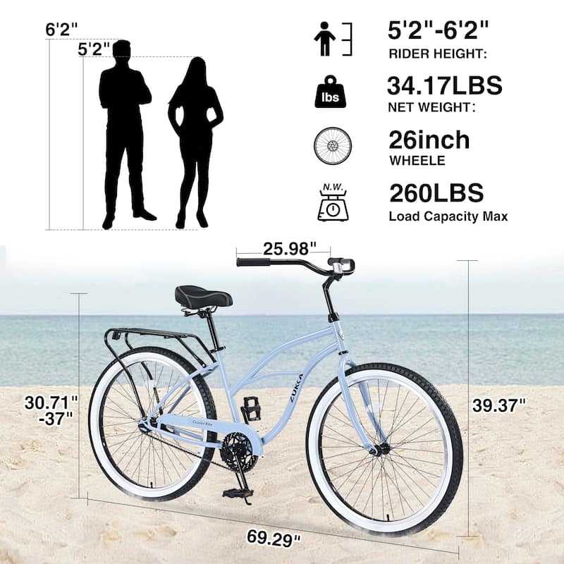 Single Speed Bicycles 26"Inch,Steel Frame, Wide Wheels For Stability,Multiple Colors Men'S Beach Cruiser Bike