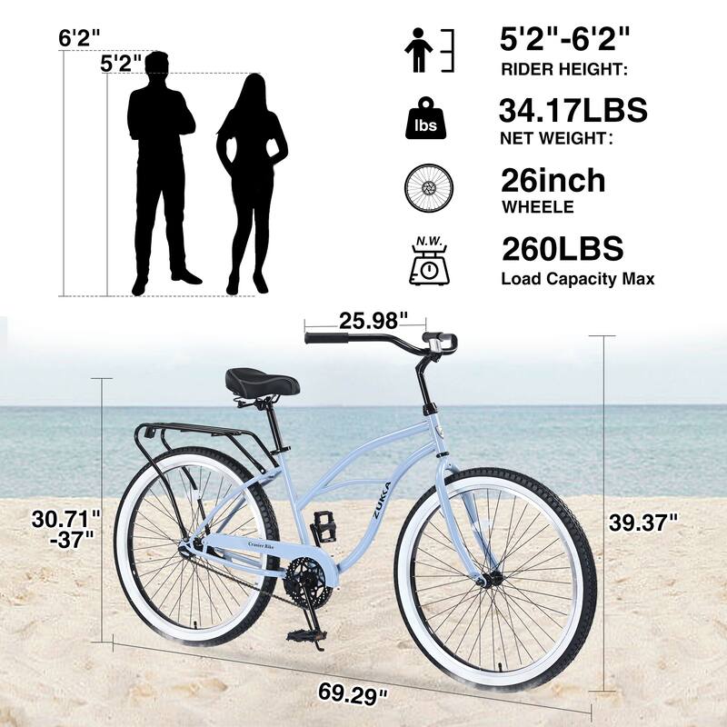 Single Speed Bicycles 26"Inch,Steel Frame, Wide Wheels for Stability, Rear Coaster Brakes,Multiple Colors Beach Cruiser Bike