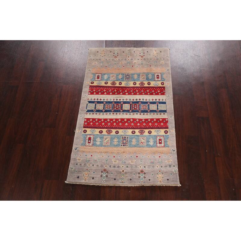 Tribal Geometric Kazak Oriental Wool Area Rug Handmade Foyer Carpet - 3'2" x 4'10"