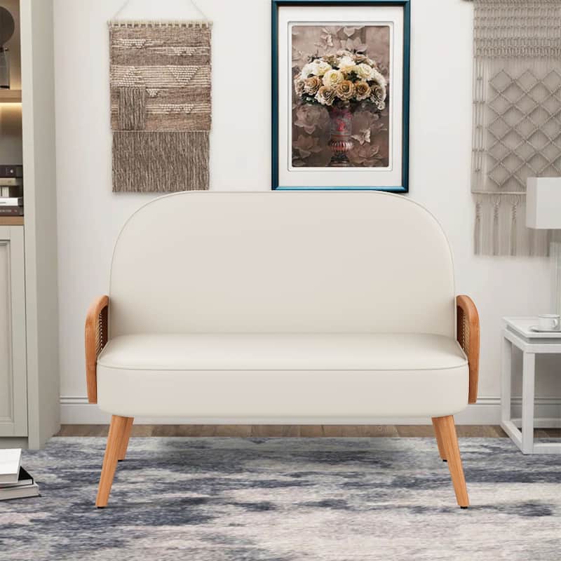 Loveseat Sofa Small Couch for Living Room, Faux Leather Mini Couch Love Seat with Natural Rattan Armrest and Solid Wooden Legs