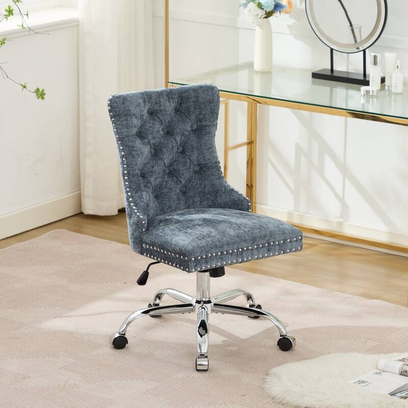 Chenille Upholstered Swivel Office Chair, Tufted Button Home Office Chair, Adjustable Vanity Chair with Metal Base