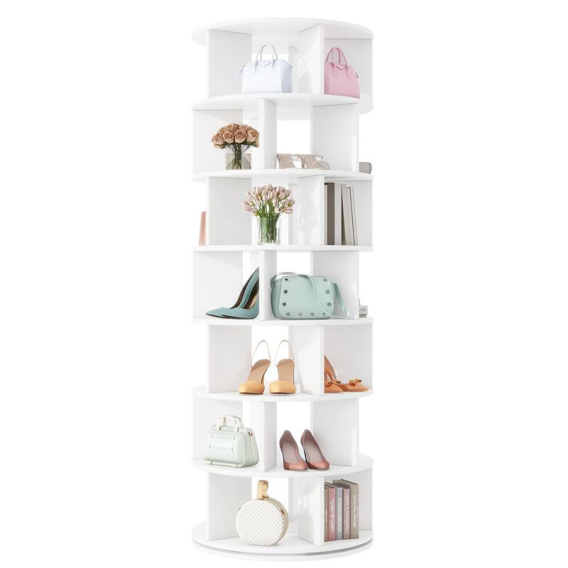 7-Tier Round Rotating Shoe Rack Tower, Spinning Shoe Shelf with 5 Grids Per Layer, Shoe Closet Organizer for Entryway - White